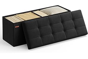 SONGMICS 110 cm Folding Storage Ottoman Bench, Ottoman Foot Rest, Padded Seat, Storage Chest, Load 300 kg, for Living Room, S