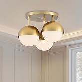 Popity home Globe Flush Mount 3-Light Ceiling Light, Mid Century Modern Brass Gold Ceiling Light Fixture with Globe White Frosted Glass Shade for Bedroom Hallway Entryway Kitchen Living Room