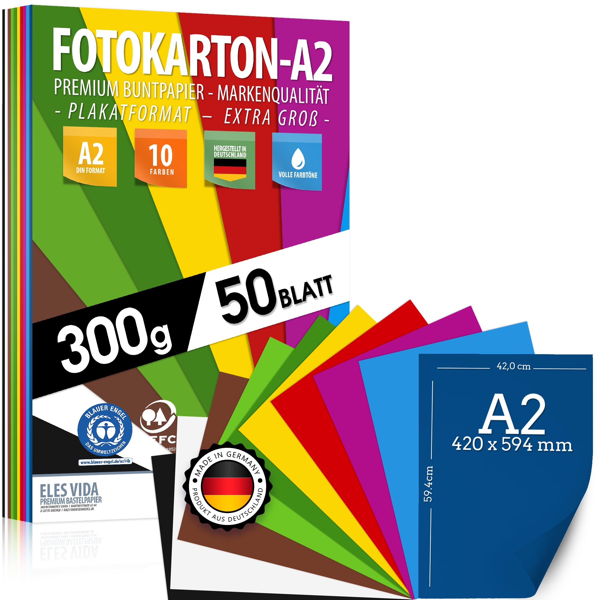 50 Sheets of Colorful Paper DIN A2-300g / m² Photo Cardboard Set 10 Colors - Craft Paper & Colored Sheets of Cardboard, Children & DIY Sheets, Being Creative, Made in Germany