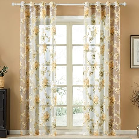 Topfinel Rose Voile Curtains Eyelet 76x84 Drop Single Panel Burnt