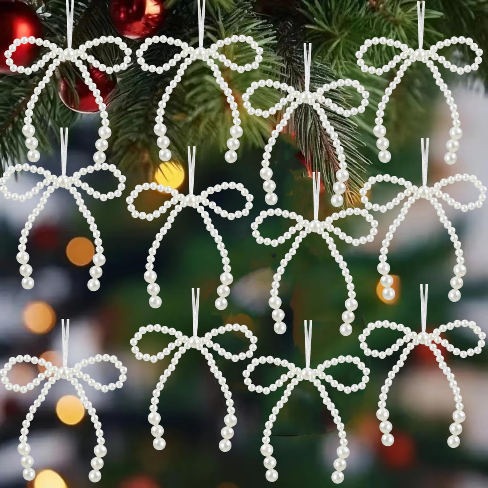 Photo 1 of 12 Pcs Pearl Bows Ornaments, Bowknot Christmas Tree Topper Shiny Christmas Tree Decorations for Home Wreath Fireplace Fence Wedding Holiday Party Decor