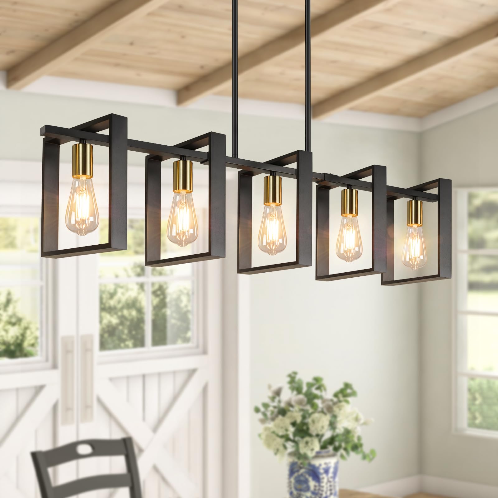 5-Light Black Gold Dining Room Light Fixture, 53’’ Farmhouse Wood ...
