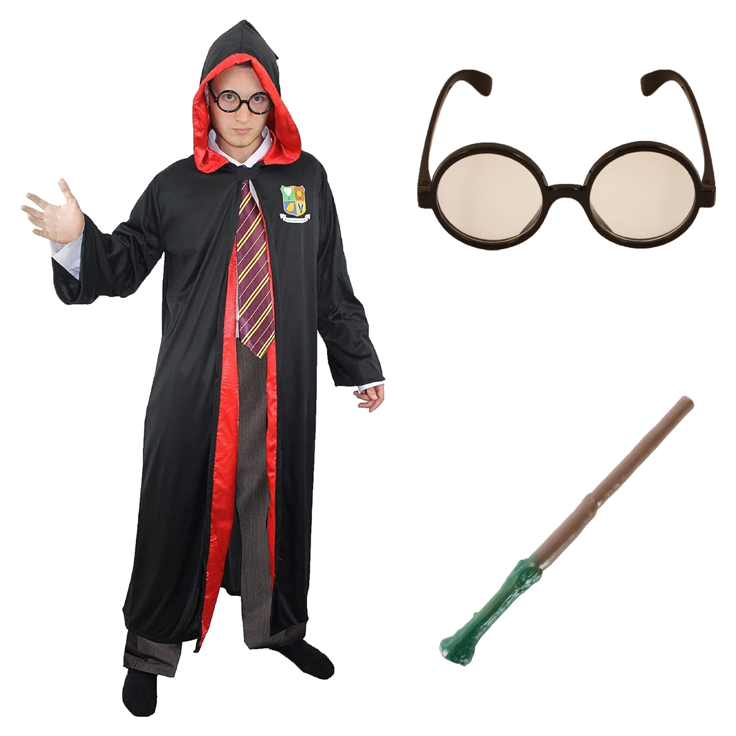 Adults Wizard Costume - XX-Large - Black Robe with Magical School Logo, Round Glasses, Branch Wand - Adults World Book Day Book Week Fancy Dress Costume