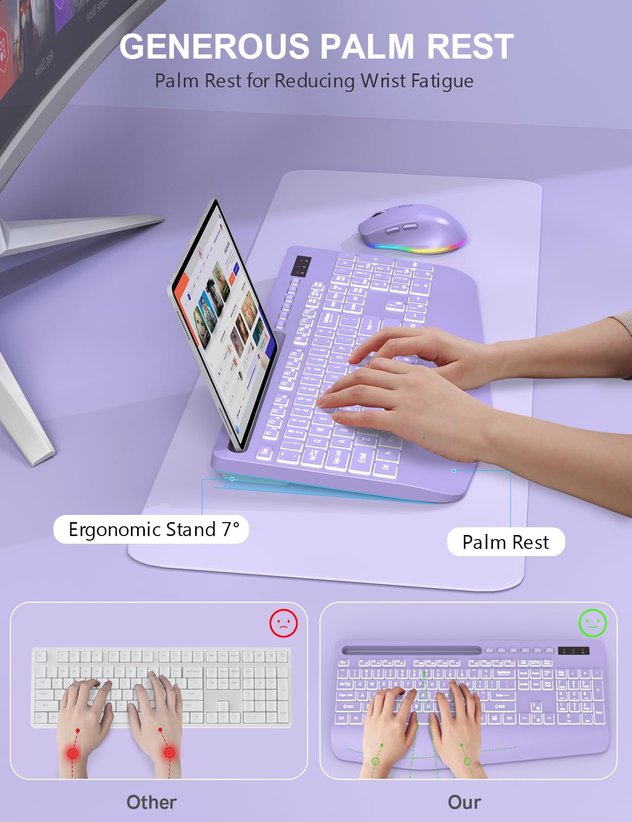 Wireless Keyboard and Mouse Combo - 7Color Backlit, Wrist Rest, Rechargeable, Silent Light Up Keys, Ergonomic Full Size with Phone Holder for Windows, Mac, PC, Laptop, PC - Trueque (Purple)
