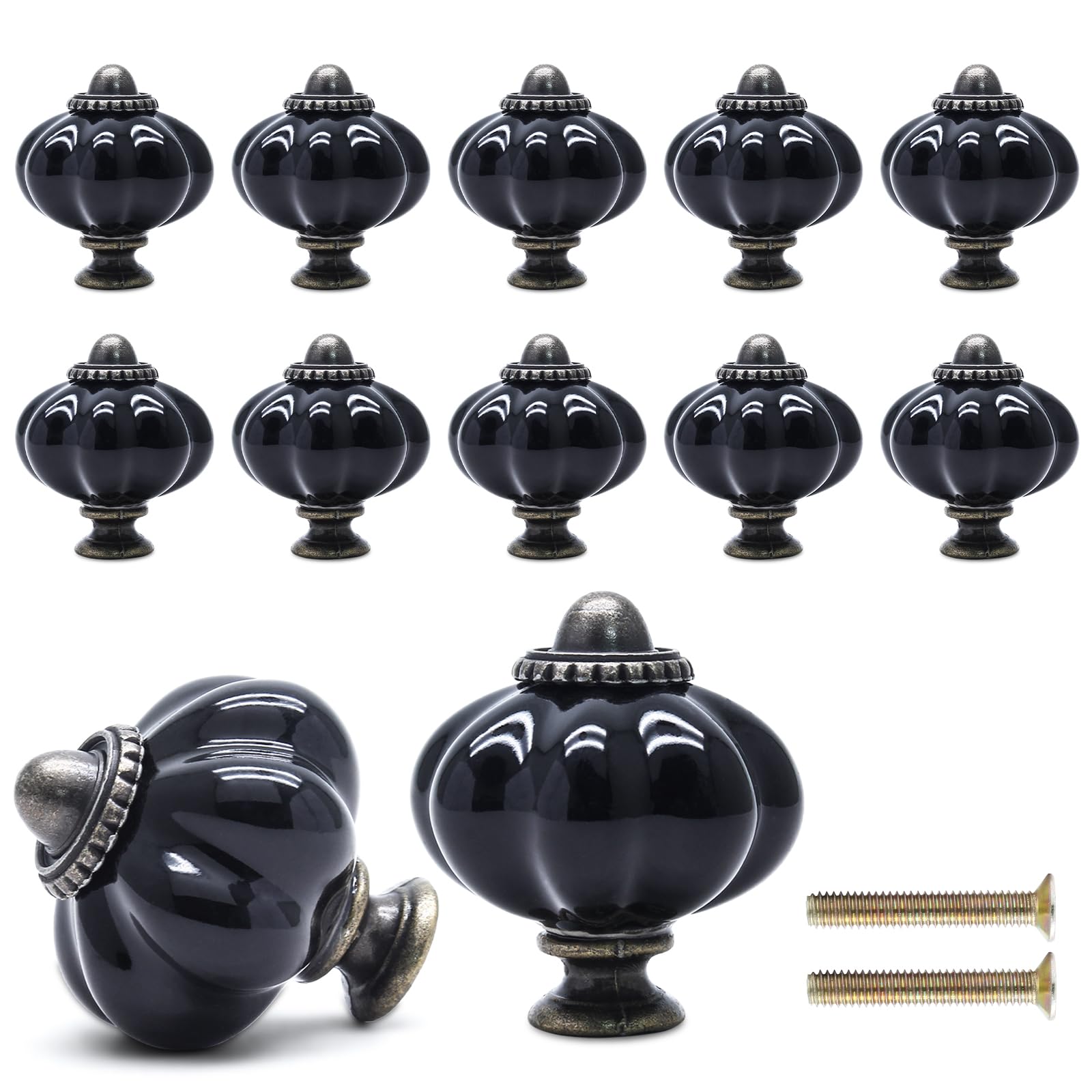 Photo 1 of Cionyce 12 Pack Black Pumpkin Knobs - Ceramic Cabinet Knobs for Retro Dresser & Vintage Drawer Pulls