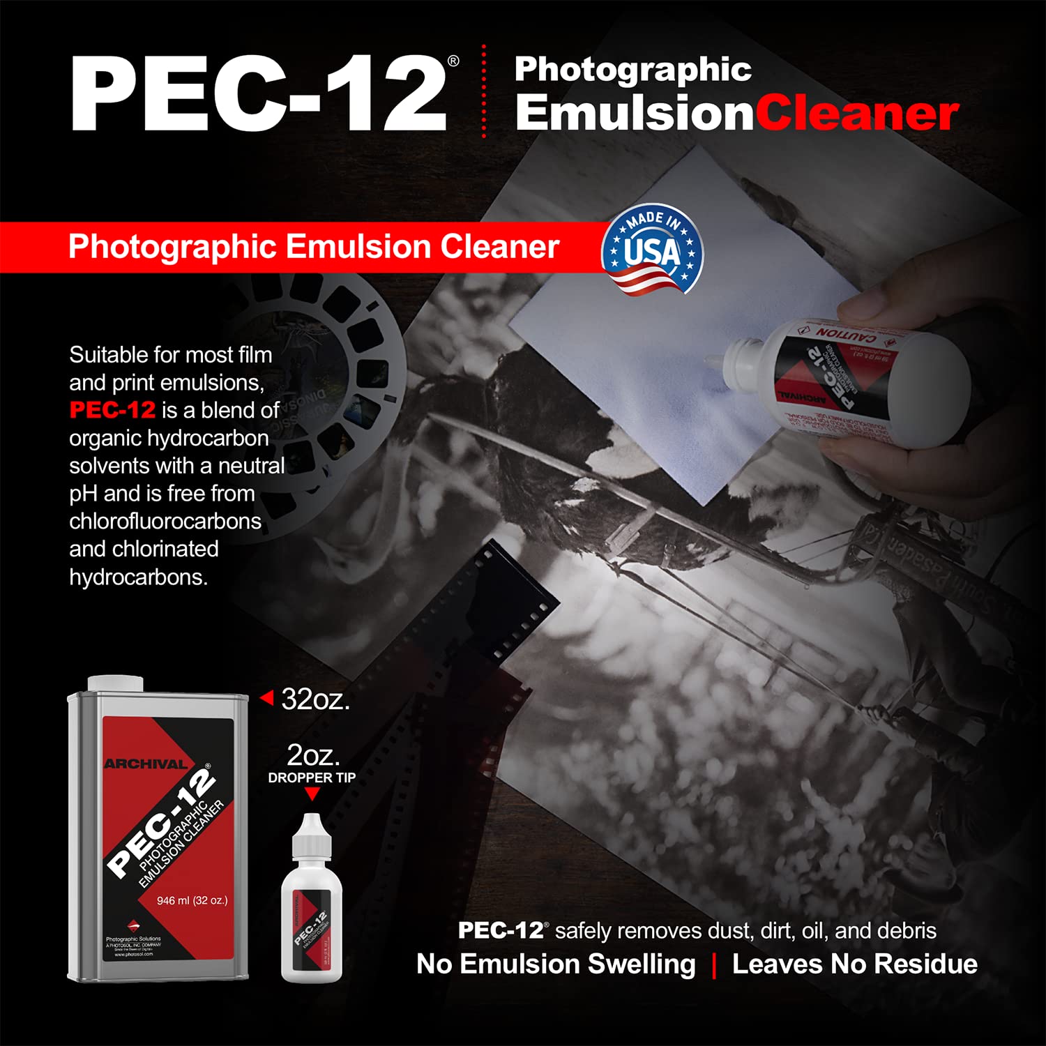 PEC-12 Photographic Emulsion Cleaner - Fluid for Removal of Non-Water Based Stain, Grease & Ink from Emulsions and Bases - Photographers Choice for Cleaning 35mm Film, Photo Negative, B&W Slide with Dropper Tip
