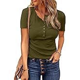 BTFBM Womens Tops 2026 Spring Summer Top Henley V Neck Short Sleeve Button Slim Fit Casual Ribbed Shirts Blouses Outfits
