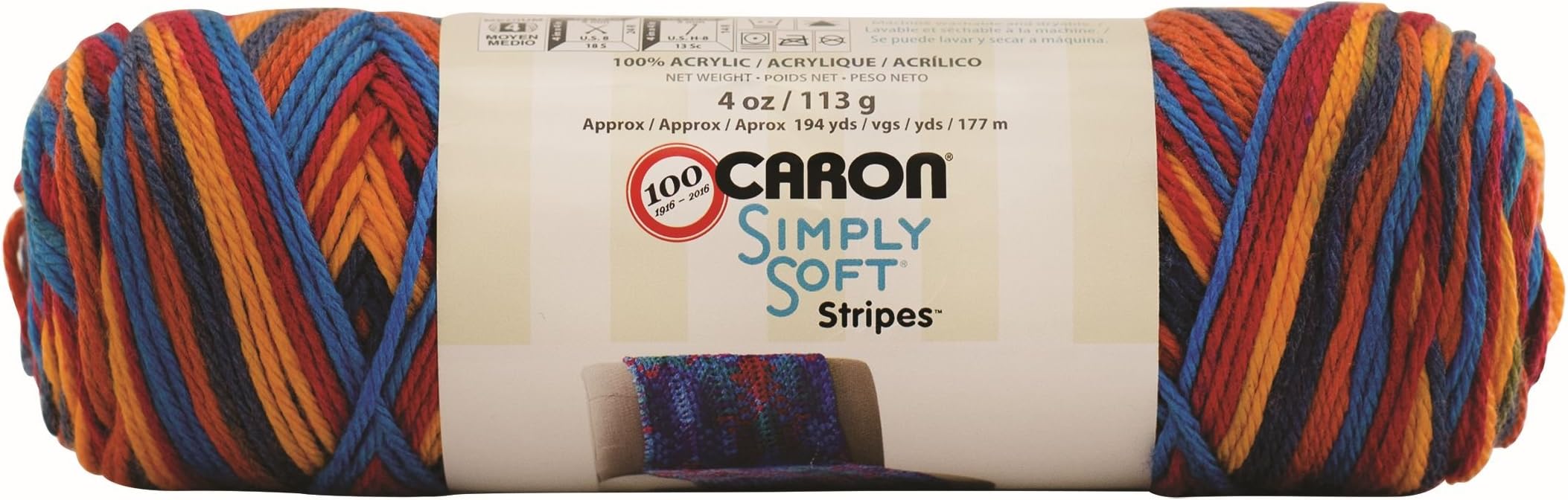 Caron Simply Soft Stripes Yarn, 4oz, Gauge 4 Medium, 100% Acrylic - Central Park - Machine Wash & Dry