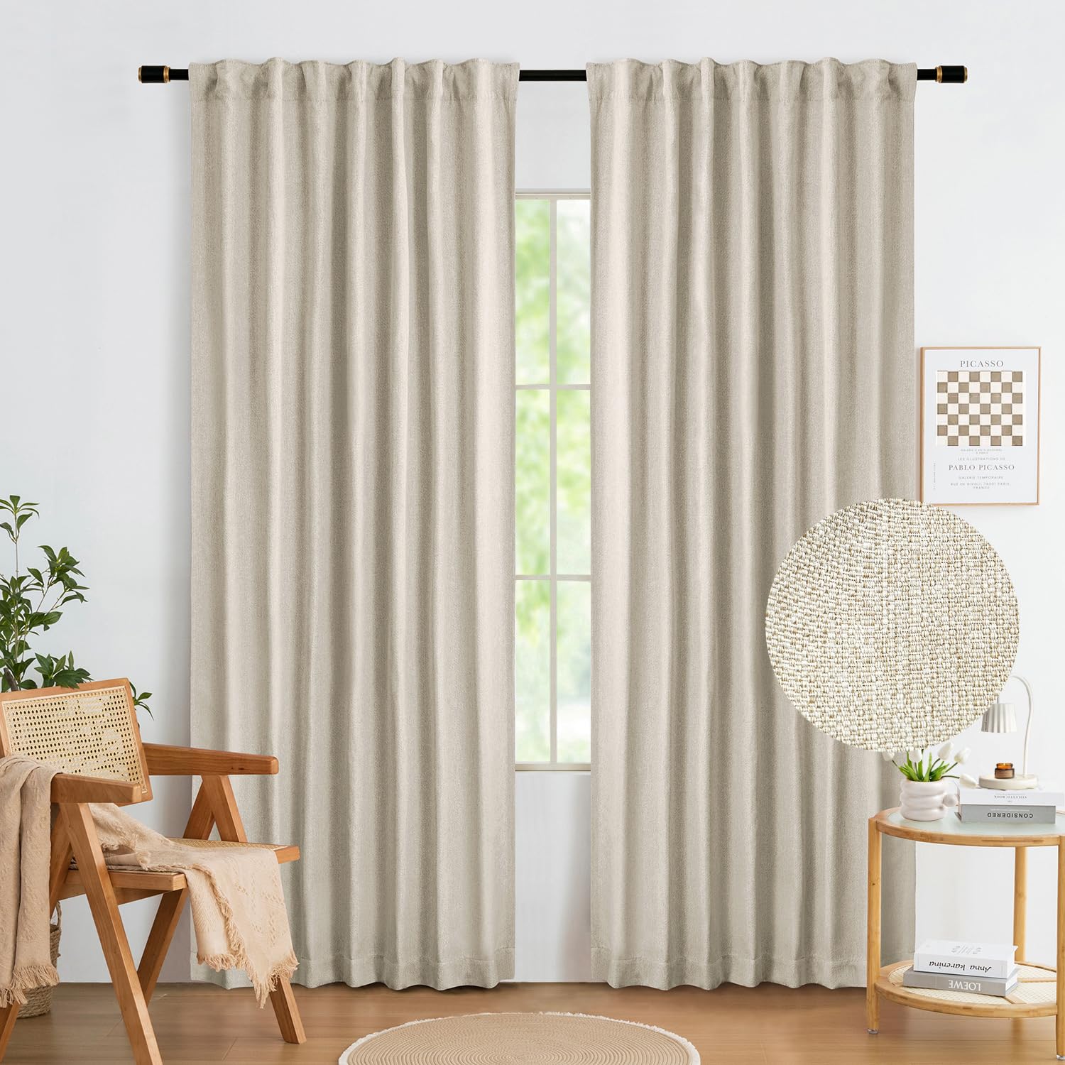 Abstractex Natural Full Blackout Curtains 72 Inch Long, Beige Burlap Linen Textured Farmhouse Back Tab Rod Pocket Thermal Insulated Window Treatment for Bedroom Living Room, 52" W 2 Panels
