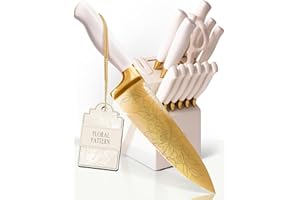 STYLED SETTINGS Knife Set with Built-in Sharpener – 14 PC Golden Titanium-Coated Stainless Steel Blades with Elegant Floral P