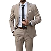 MrSure Men's 2 Piece Slim Fit Suit with Two-Button, Solid Stretch Jacket Pants & Tie Set.