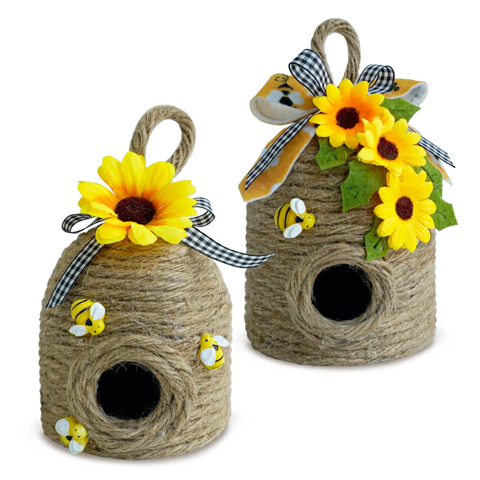 Photo 1 of Bigger Bee Hive Decor,2 Pack Bumble Bee Rustic Decor,Natural Bee House, Bumble Bee Theme Party Decor Spring Summer Rustic Farmhouse Kitchecn Table Decor, Honeybee Tiered Tray Decor