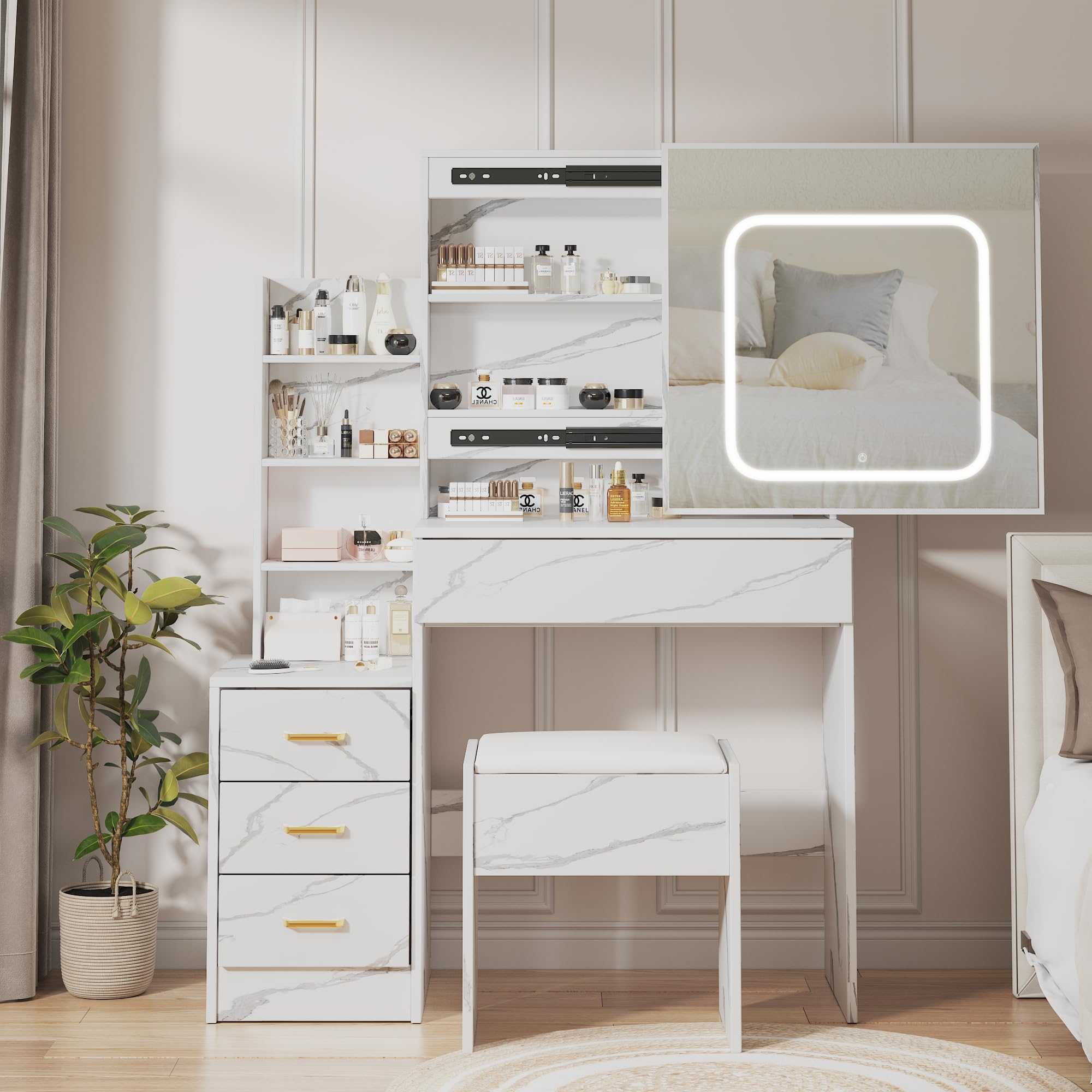 Photo 1 of **PARTS ONLY**Vanity Desk With Mirror and LED Lights, Makeup Vanity Desk With Sliding Mirror, Power Outlet, 3 Color Adjustable Light, Dressing Table With 4 Drawers, Storage Shelves & Stool for Bedroom, Marble-White