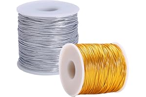 HANGYING 2 Rolls Metallic Stretch Cord Elastic Cords Ribbon Metallic Tinsel Cord Rope for Gift Wrapping, Hanging Ornaments,Jewelry Making,1 mm 120 Yards (Gold and Silver)