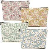 4 Packs Vintage Daisy Flowers Makeup Bag Floral Cosmetic Bag Friend Friendship Gifts for Women Girls Sister Coworker Botanical Travel Organizer Zipper Pouch Christmas Thanksgiving Birthday Gifts