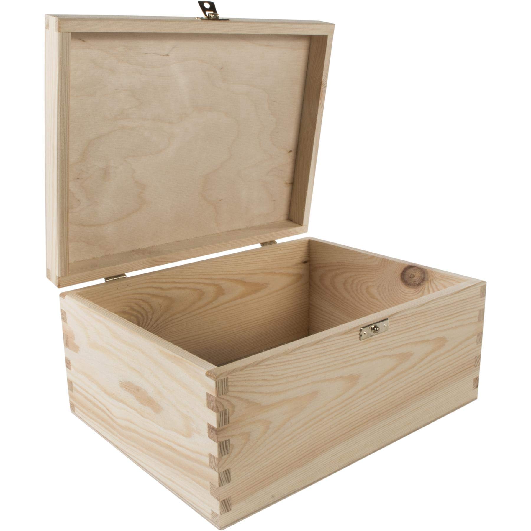 WooDeeDoo Medium Rectangular Wooden Storage Box with Lid and Clasp – 28 x 21 x 13 cm – Plain Pine Memory Keepsake Craft Chest for DIY Gifts Decoration Pyrography Engraving — image 1