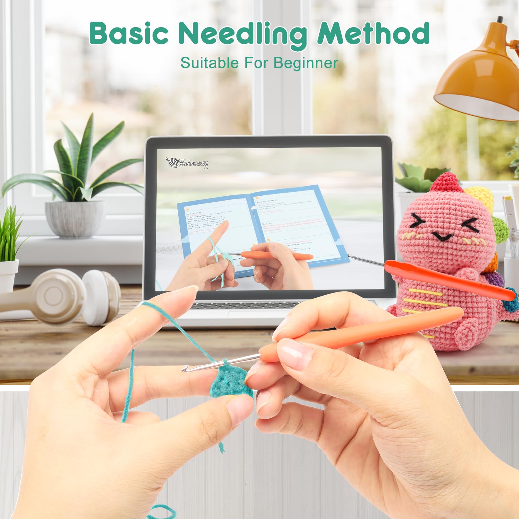 Faircosy Dinosaur Crochet Kit for Beginners: 2PCS Crochet Animal Kits for Adults - Learn to Crocheting Cute Amigurumi Starter Kit with Written Pattern & Video Tutorials (40%+ Yarn Extra)
