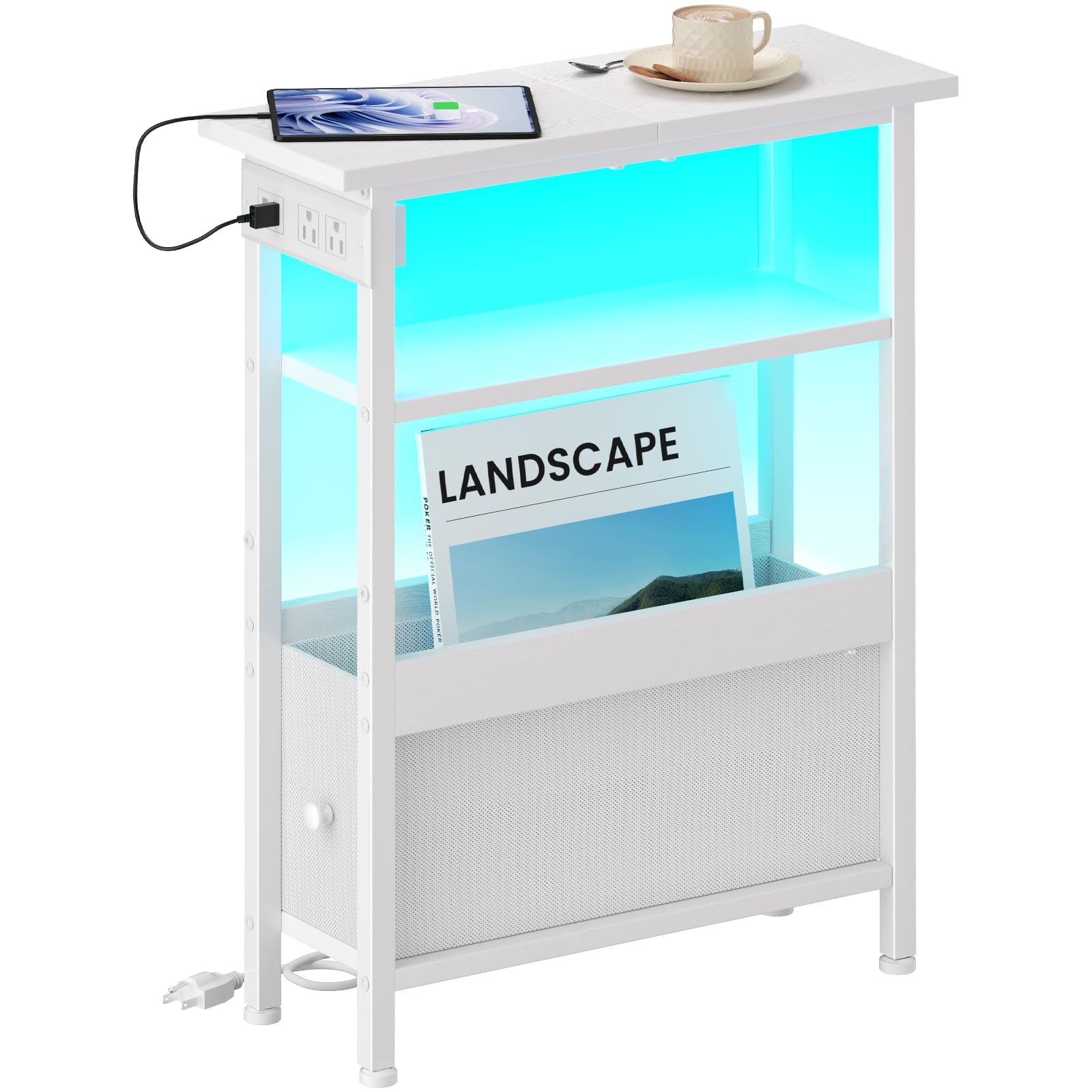 Creso hom Narrow Bedside Table with Charging Station and LED Light, Skinny Nightstand with USB Ports & Type-C, End Table with 1 Fabric Drawer, Slim Side Table for Bedroom, Nursery, Living Room, White Image