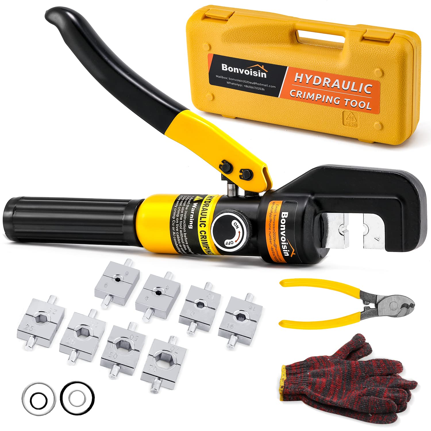 Bonvoisin Hydraulic Crimping Tool with 9 Sets of Heat Treatment Dies 4-70 mm²- Thickened Crimping Head - Insulated Handle, Suitable for Copper/Aluminium Terminal Lugs, with Pliers Gloves Instructions