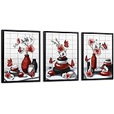 RnnJoile Red Bathroom Decor Zen Pictures Wall Art Orchid Flower Zen Stone Modern Bathroom Decor Black Frame 12x16 inch each piece