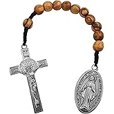 TALISMAN4U St Benedict Medal Cross Large Miraculous Medal One Decade Pocket Rosary 10 mm Olive Wood Prayer Beads Open Style Tenner Rosaries for Men Women Handmade Catholic Gift Linen Rosary Pouch