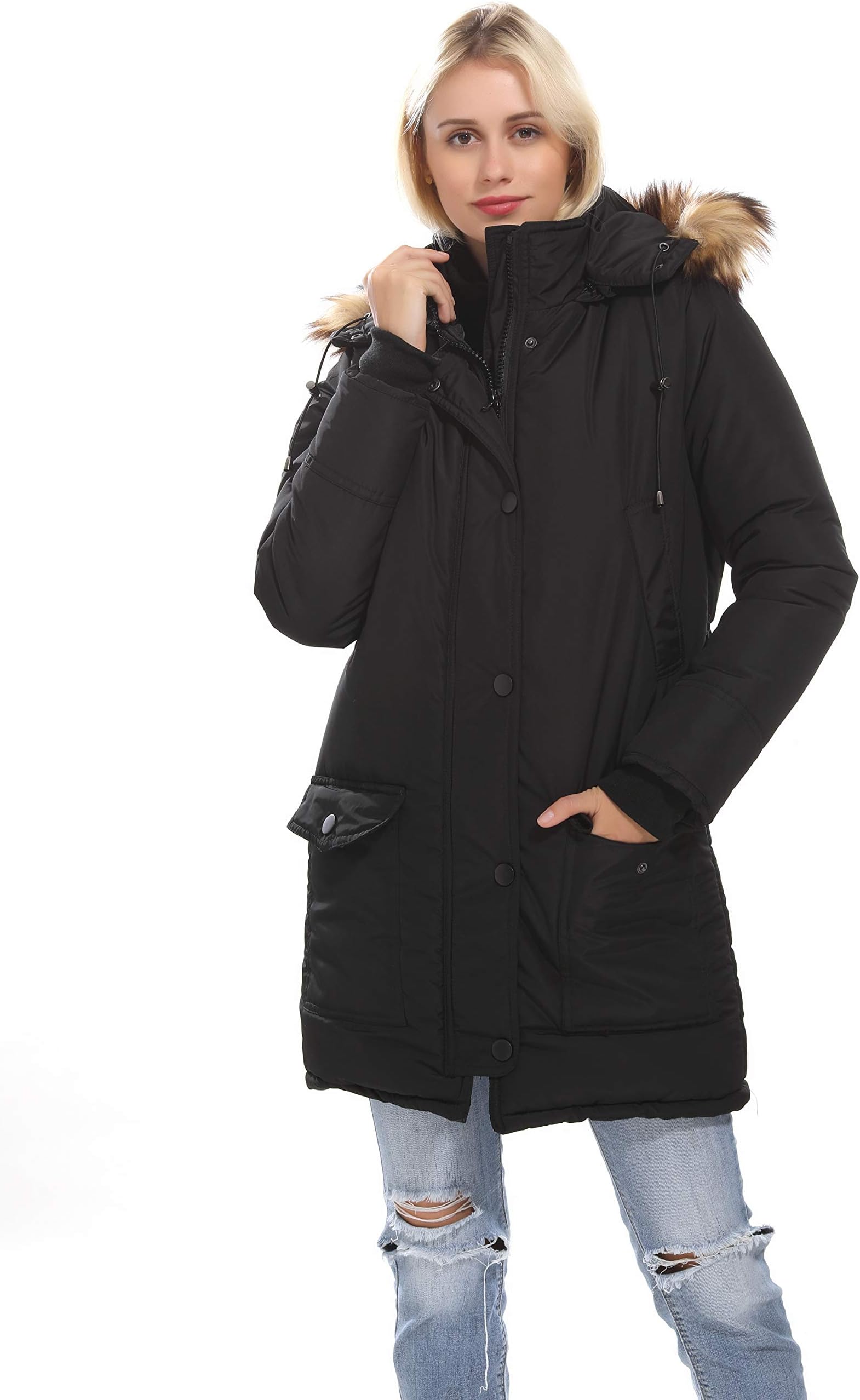 Winter Arctic Cloth Quilted Women's Padded Jacket,Ladies Long Thicken Parka with Removable Faux Fur Trimmed Hood,Down Alternative Winter Outwear Warm Overcoat (Balck, 2XL)
