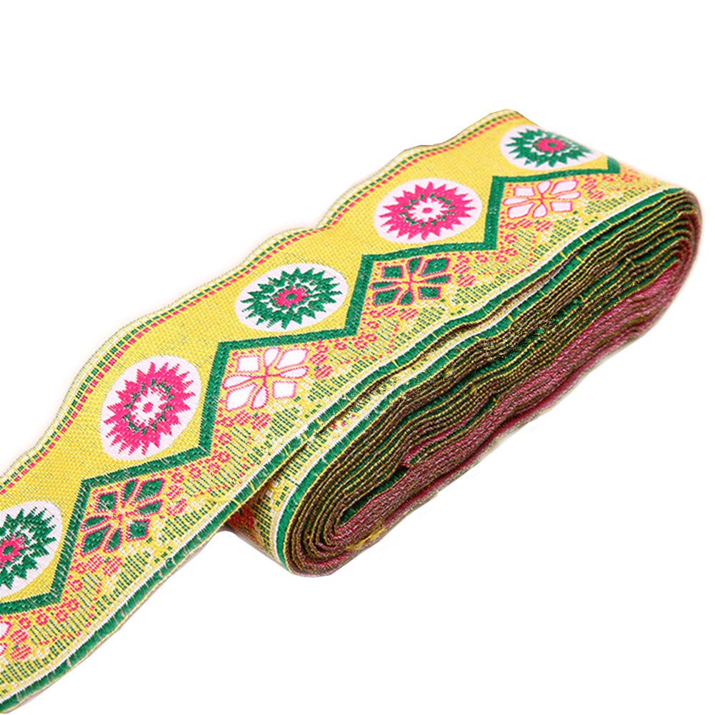 7 Meters Sunrise Sunset on The Moutain Jacquard Ribbon Suzani Floral Lace Embroidered Woven Trim for Embellishment Craft Supplies (Gold, 5cm)