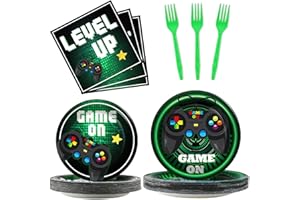 GISGFIM 96 Pcs Video Game Plates and Napkins Party Supplies Gaming Party Tableware Set Green Gamer Party Decorations Favors for Kids Birthday Baby Shower Serves 24