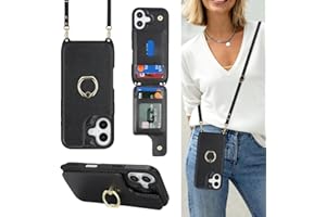 Lipvina for iPhone 17 Case with Card Holder and Strap for Women,Crossbody Lanyard,Ring Stand,Snap Clasp,Cute Phone Wallet Cases 6.3 inch (Black)