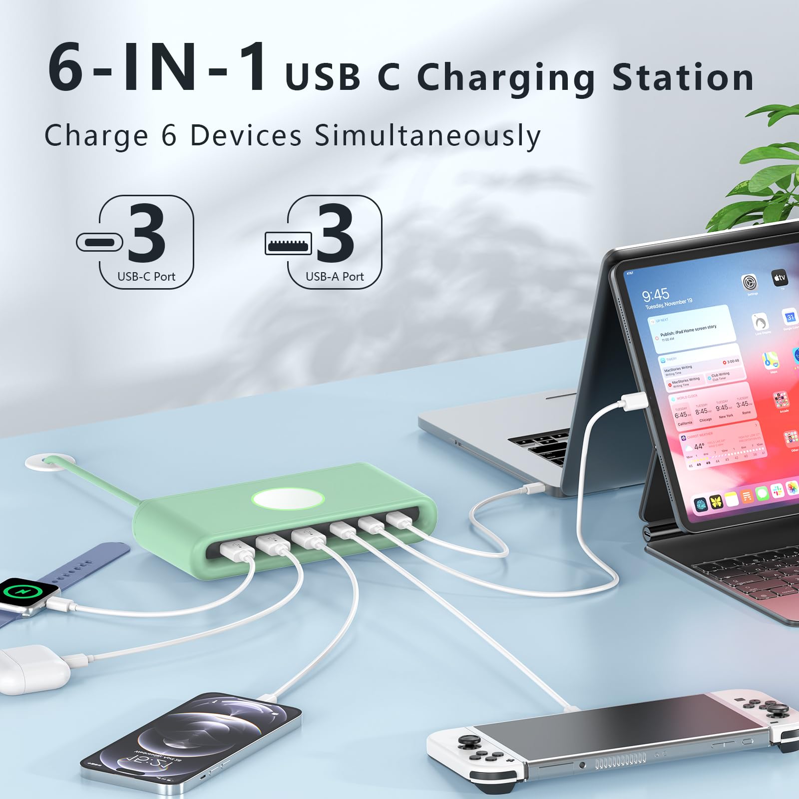 VPSUN 100W USB C Ladegerät Mehrfach für Mehrere Geräte, 6 Port Ladestation 65W USB-C Schnellladegerät für MacBook/iPhone/iPad/Samsung/Pixel/LG(Grün, 100W) 2