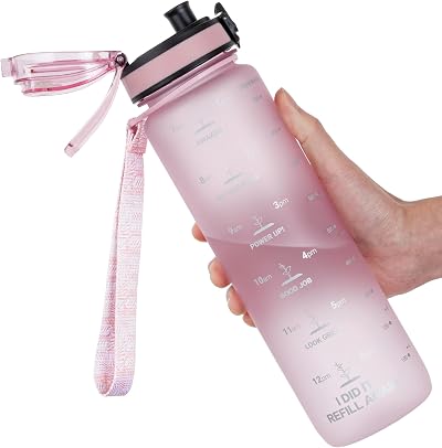 GOPPUS 1L Tritan Water Bottle Pink No Straw Lock Lid Time Marks BPA Free