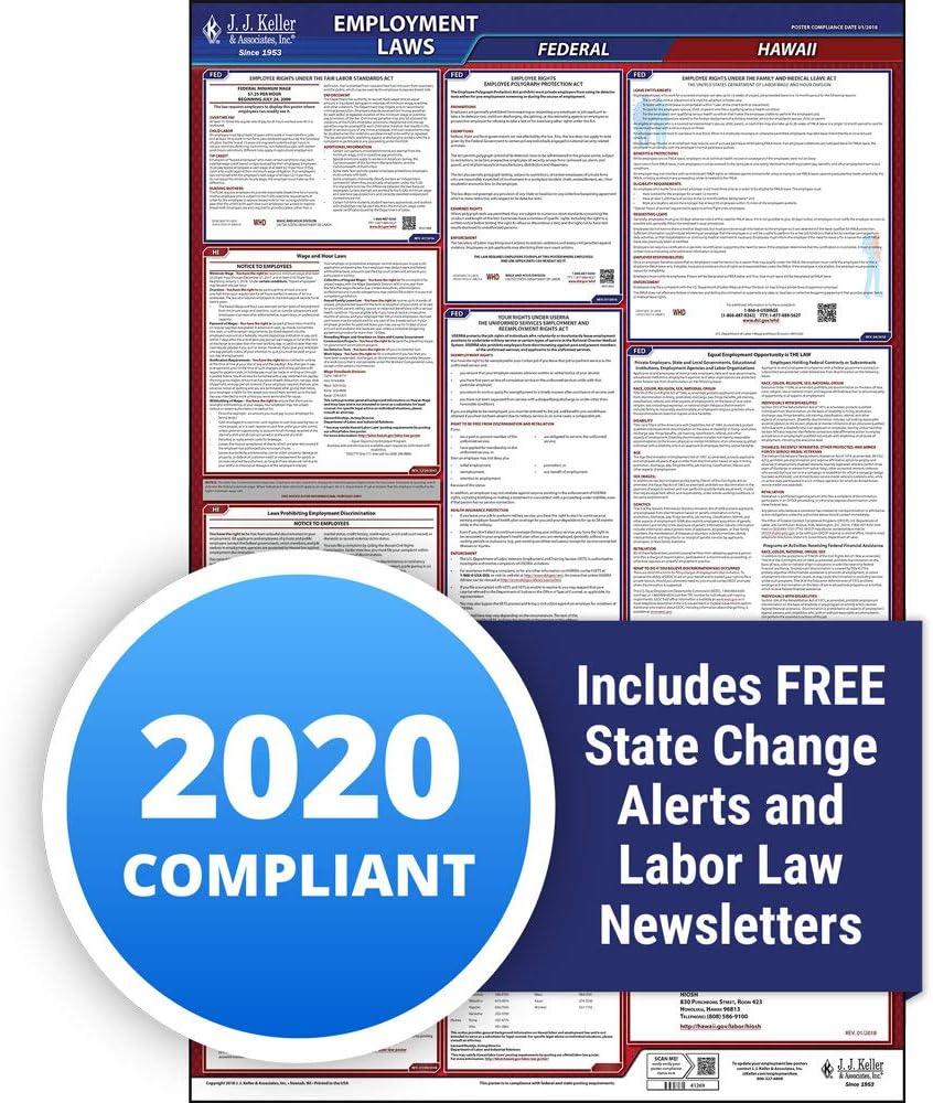 2020 Hawaii Labor Law Poster, All-in-One OSHA Compliant HI State & Federal Laminated Poster (26