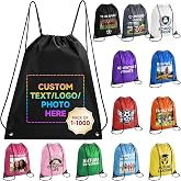 HooAMI Custom Drawstring Backpack Bags Bulk Set of 10/50/100/200/500, Promotional Items With Your Logo, Personalized Sports Cinch Sack String Backpack Gym Bag for Traveling Outdoor Events, Black