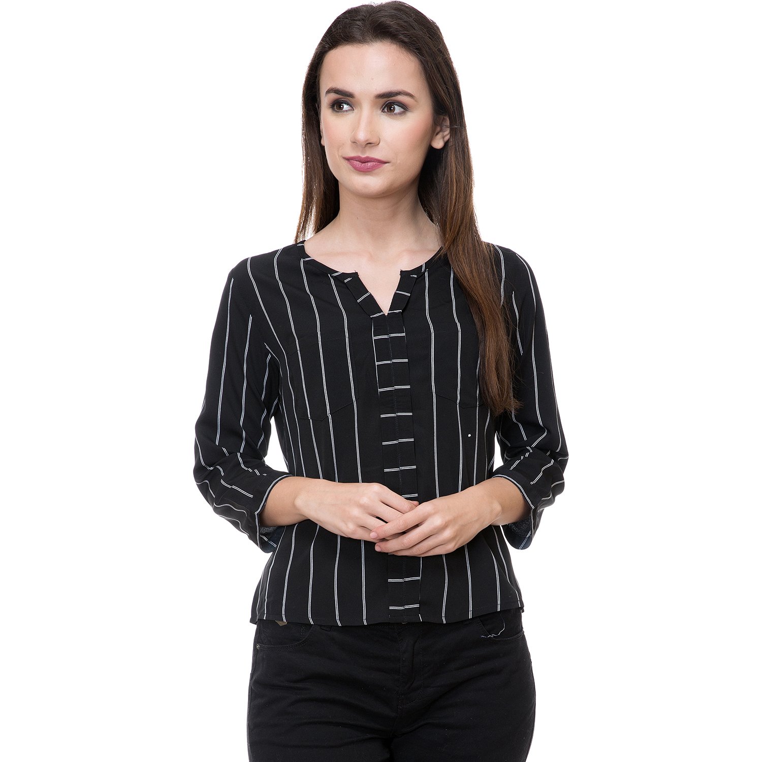 deewa black & white polycrepe round neck casual tops for women