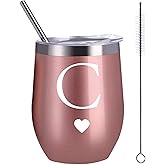 Calltoge Personalized Initial Gifts 12 Ounces Stainless Steel Wine Tumbler with Straw Brush Rose Gold Insulted Mug Wedding Bridesmaid Birthday Graduation Gift for Men Women Monogrammed Gift (C)