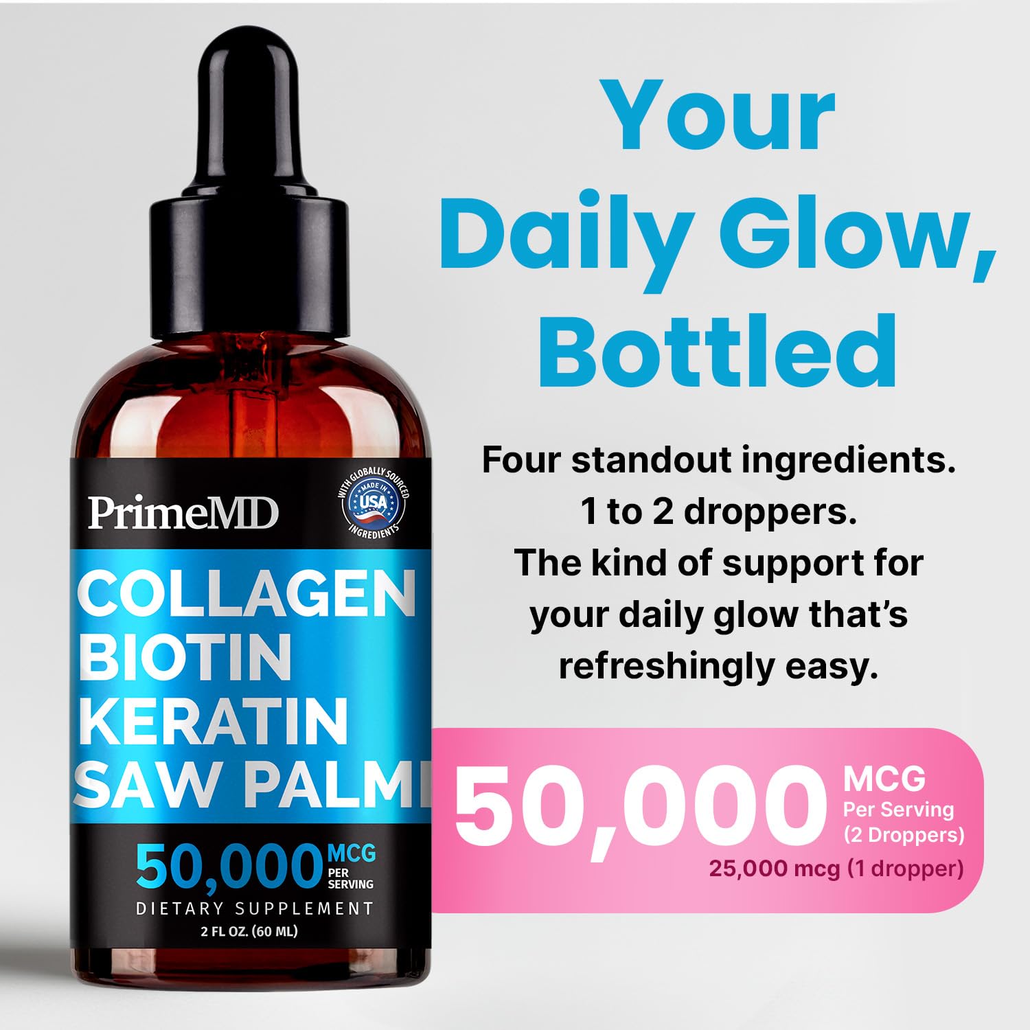 Liquid Collagen Peptides for Women - Serum Complex with Biotin Vitamin, Hydrolyzed Keratin Protein and Saw Palmetto - Comprehensive Formula for Hair, Skin, and Nails Wellness - 2fl oz (Pack of 2)