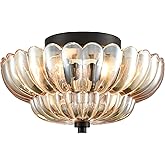 HYDELITE Modern Black Flush Mount Ceiling Light 3-Light Close to Ceiling Light Fixtures with Scalloped Amber Glass Shade for 