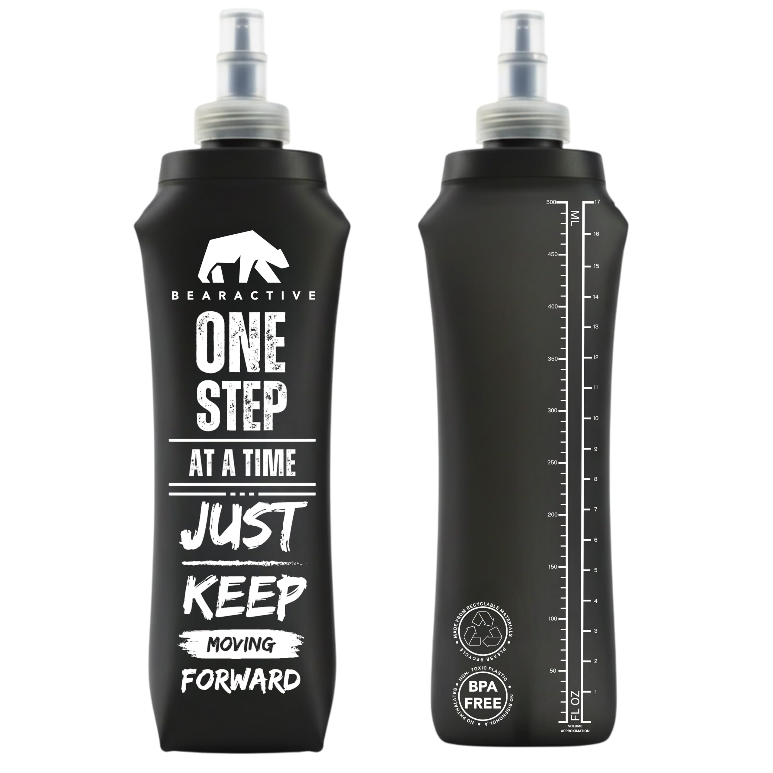 Bearactive Lightweight Running Water Bottle Soft Flask 500ml - TPU BPA Free Plastic, Leak Proof Foldable Collapsible Water Bottle for Running Vests & Belts (Style 1-1pc 500ml, Black)