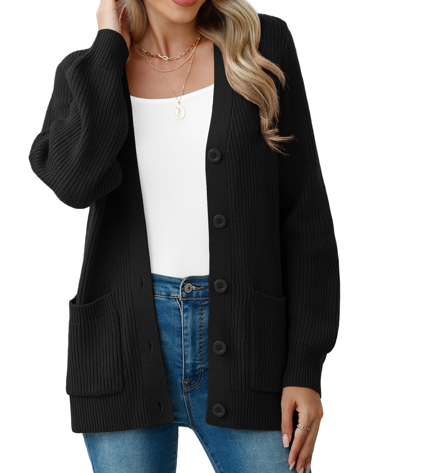 Photo 1 of VIISHOW Women Chunky Knit Cardigan Sweater Long Sleeve V Neck Button up Cardigan with Pocket Sweater Coat for Fall and Winter,Black,2X-Large,Black,Large