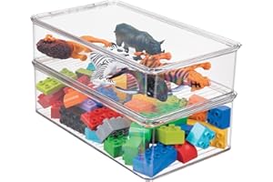 mDesign Plastic Playroom/Game Organizer Box Containers with Hinged Lid for Shelves or Cubbies, Holds Toys, Building Blocks, Puzzles, Markers, Controllers, or Crayons, Ligne Collection, 2 Pack, Clear