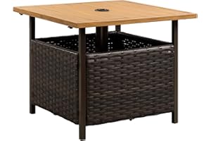AbocoFur Field Patio Wicker Bistro Dining Table with 1.6" Umbrella Hole, Outdoor Leisure Coffee Table with Storage Space, Square Umbrella Table for Porch, Backyard, Garden, Brown