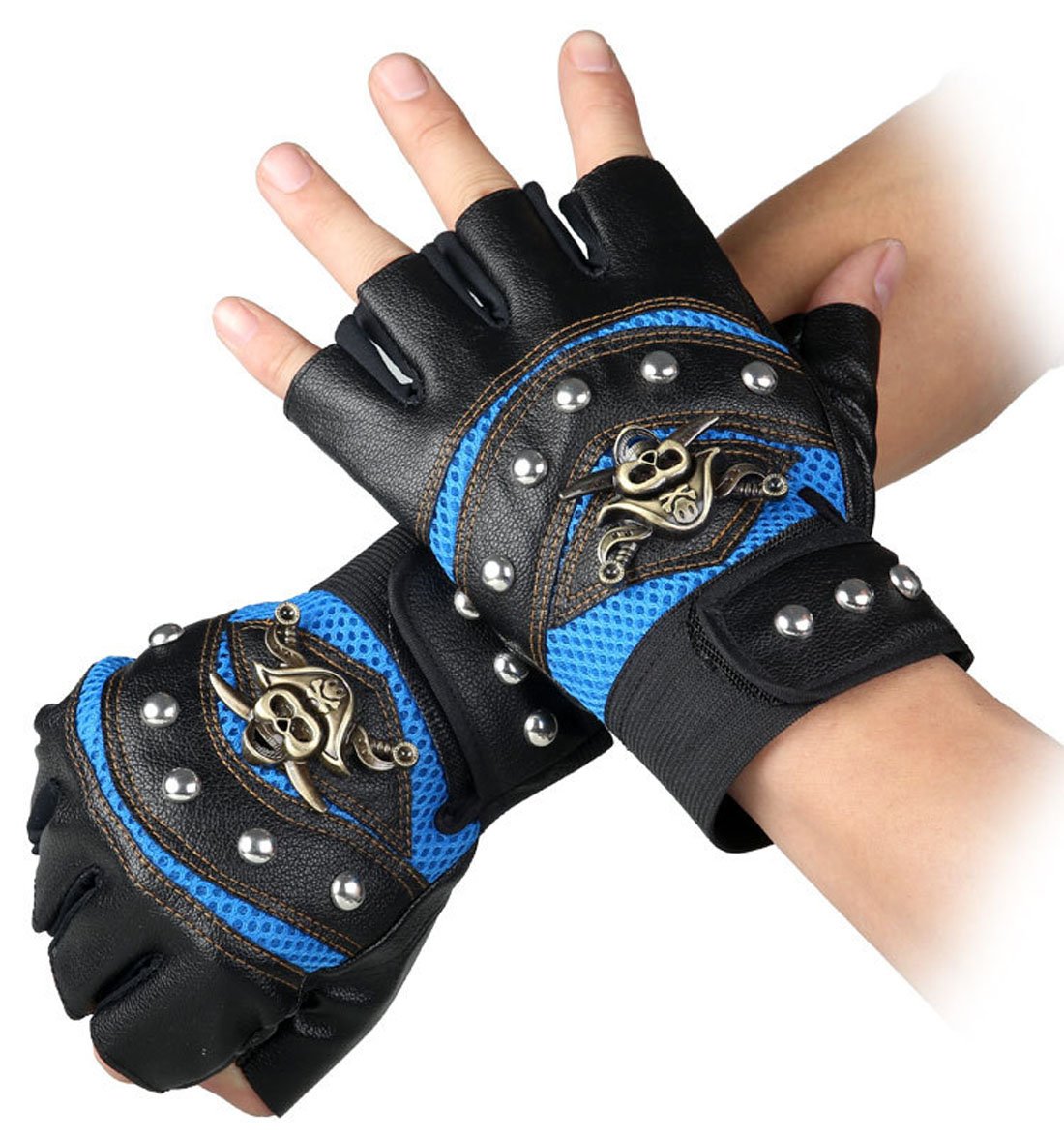 Steampunk Gothic Gloves Men's Vintage Genuine Leather Captain Fingerless Mittens(B Blue)(Size: One Size)