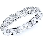 THELANDA Sterling Silver 3.5mm Milgrain Rectangles Circles Simulated Diamond Genuine Moissanite Stackable Eternity Band Wedding Ring