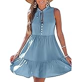CUPSHE Women's Summer Dresses V Neck Sleeveless Button Tie Front Babydoll Ruffle Tiered Mini Dress