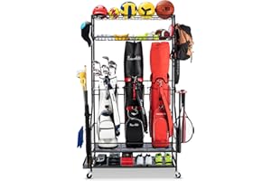 FHXZH Golf Bag Storage Garage Organizer, 3 Golf Bag Stand and Sports Equipment Storage Rack for Garage with Wheels, 4 Hooks, Golf Accessories Storage Rack with Extra Golf Clubs Display Rack