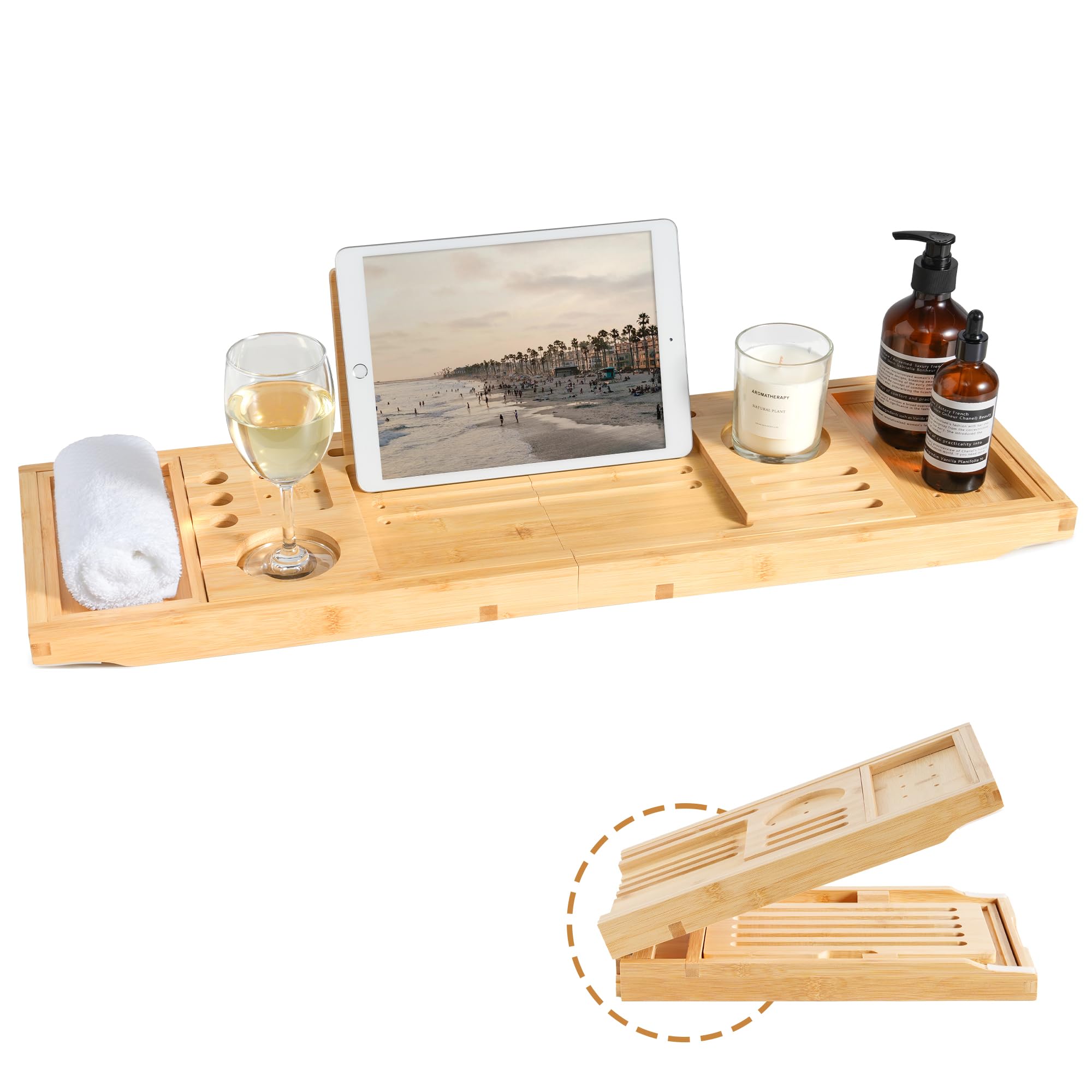 Photo 1 of Realgulf Bamboo Bathtub Tray | Splash-Proof Adjustable (28-40 Inch) | Non-Slip Pads, Wine Holder & Tablet Stand | Bath Relaxation & Reading Essentials