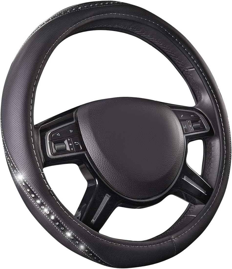 CAR PASS Leather Rhinestone Universal Fit Steering Wheel Cover, Crystal