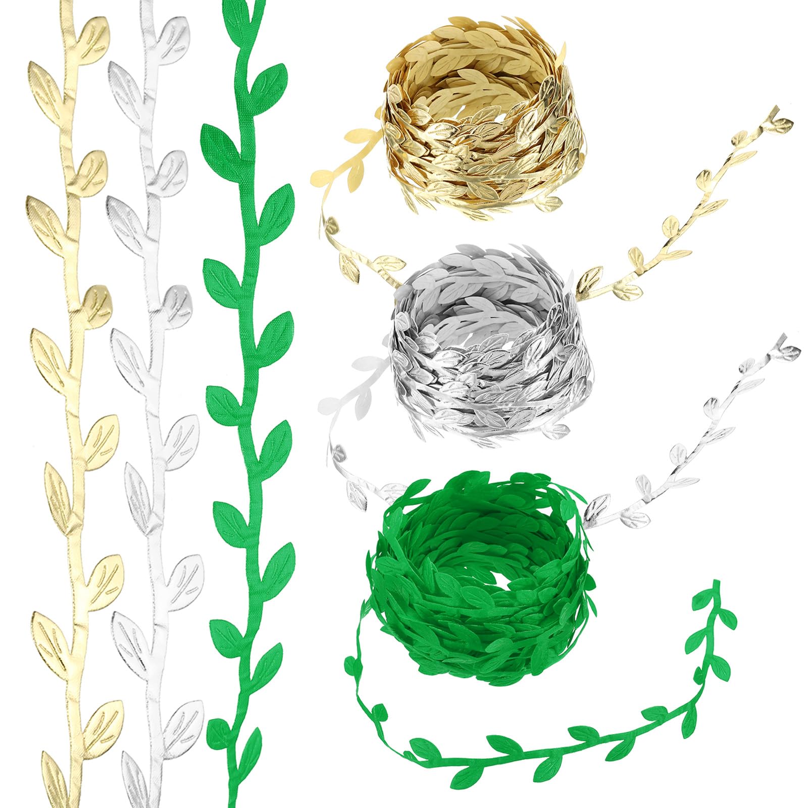 PATIKIL 33 Yards Gold Silver Green Leaf Ribbon, Leaves Trim Rope Artificial Leaf String for Christmas Wreath Making Gift Wrapping Wedding Decoration, Style 8