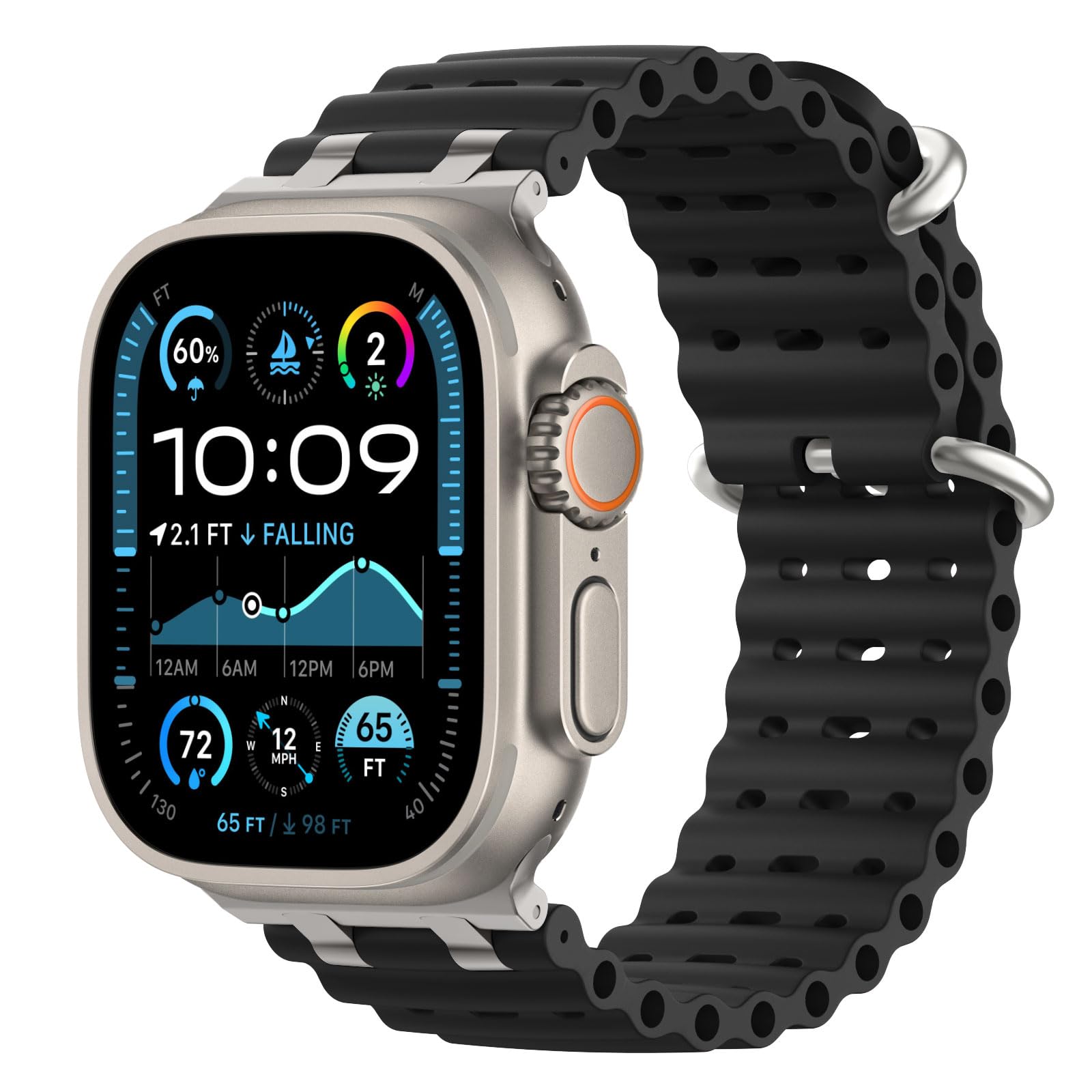 Photo 1 of Astorgos Upgraded Ocean Band Compatible with Apple Watch Ultra 2/Ultra 49mm,S10 46mm,9/8/7 45mm,SE2/SE/6/5/4 44mm,3/2/1 42mm, Metal Connector Breathable Sport Watch Strap for Men Women, Silver/Black