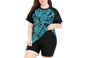 Davena Women's Plus Size 2 Piece Rash Guard Short Sleeve Swimsuit with Boyshorts Swim Shirt UPF 50+
